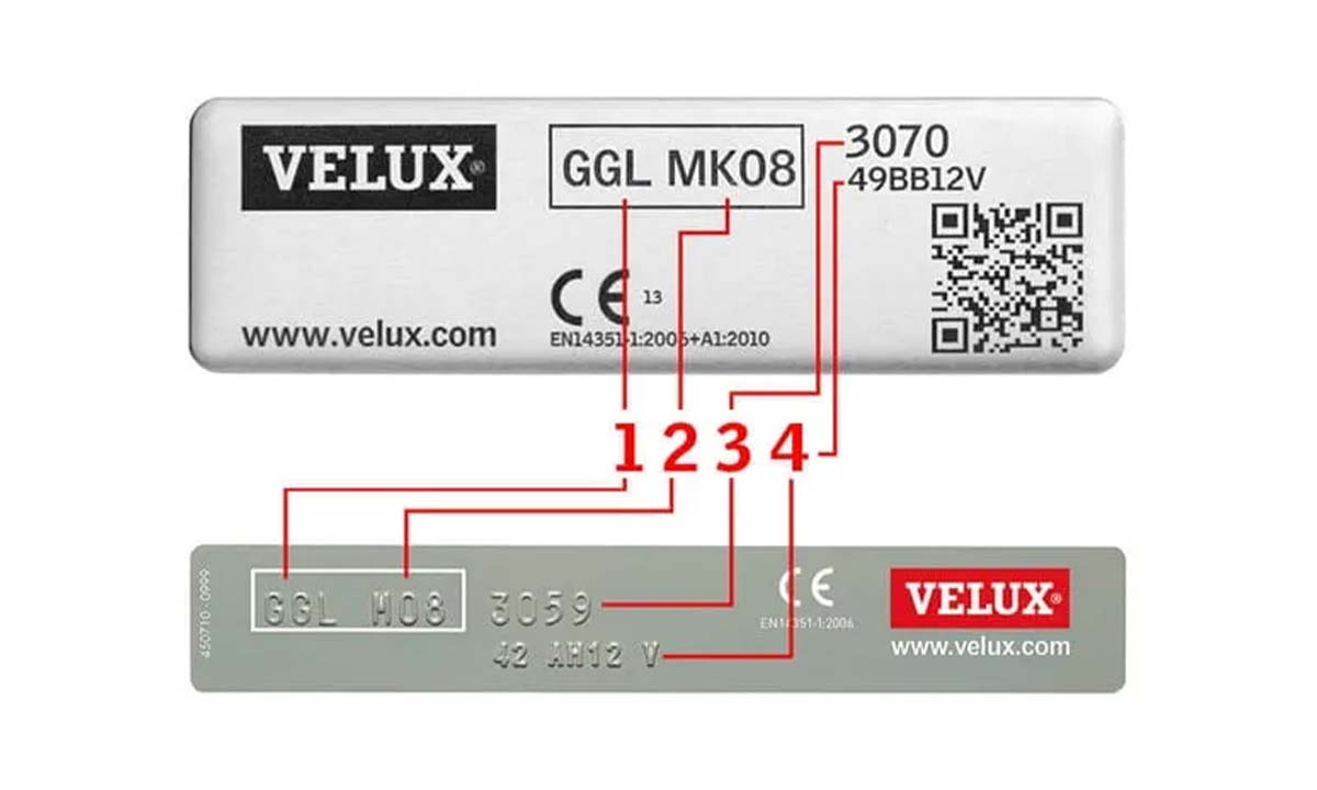 Typeskilte til identifikation af Velux ovenlysvindue