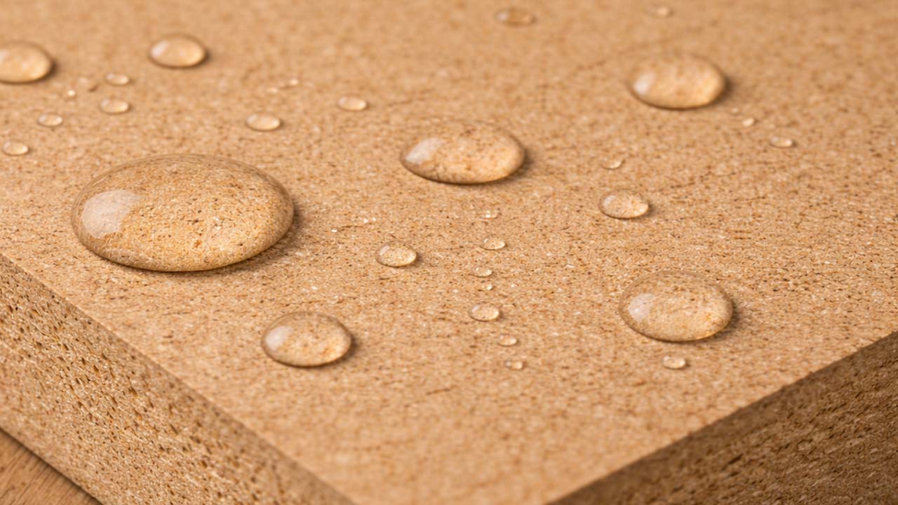 MDF med vanddr&aring;ber p&aring; overfladen