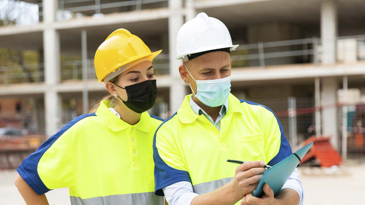 Mundbind og sikkerhjelm som sikkerhed p&aring; byggeplads