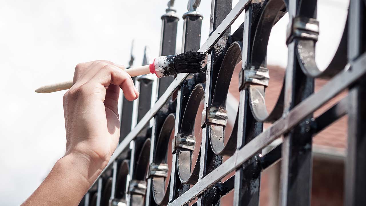 Sort hammerite metalmaling p&aring; hegn