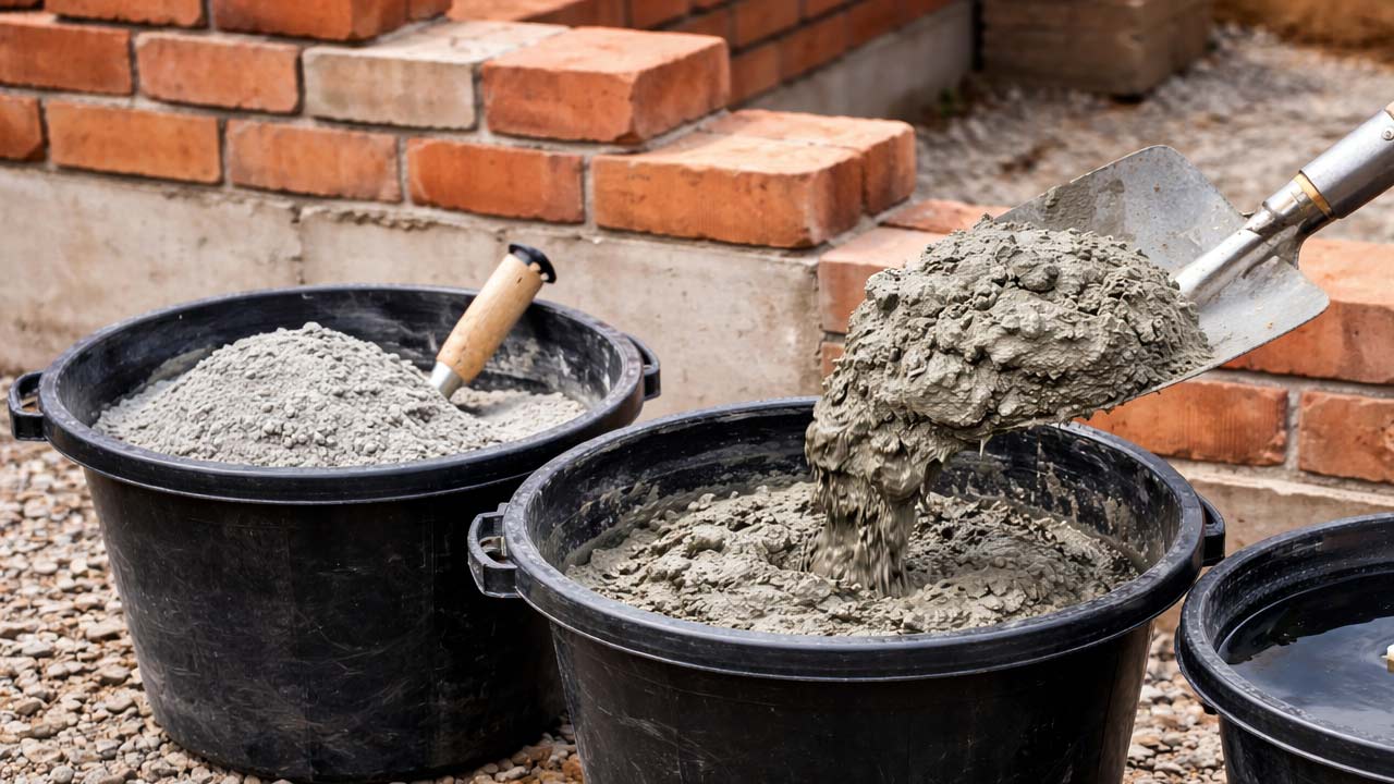 Murerspande og murerbalje foran mur